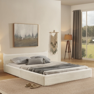 Doppelbett 160x200 cm mit Corduroy-Polsterung, Eukalyptusholzrahmen, geeignet für Schlafzimmer und Gästezimmer