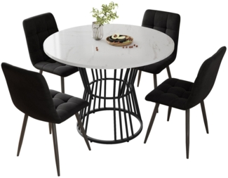 i@home Essgruppe Küchentisch-Set, (5-teilig), Esstisch-Set mit 4 Stühlen, (1 Tsich, 4 Stühle), runder Esstisch mit 100cm Durchmesser und schwarzen Metallbeinen