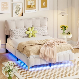 HAUSS SPOLE Polsterbett 140 x 200 cm mit LED-Leuchten, Rückenlehne, Samtstoff, Beige, Ohne Matratze