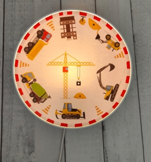 Kinderzimmer Wandlampe Weiß mit Baustellen Motiven, Schalter und Stecker, Ø 25cm