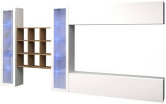 Dmora Ausgestattete Wand Avella, 4-türiges TV-Ständer-Wohnzimmerset, Mehrzweck-Wohnzimmermöbel mit Vitrine und LED-Licht, 100 % Made in Italy, 350 x 30 x 180 cm, glänzendes Weiß,