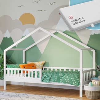 Bellabino 'Vils' Hausbett 90x200 cm mit Matratze, weiß, Kiefer Massivholz, Montessori Kinderbett mit Rausfallschutz und Lattenrost