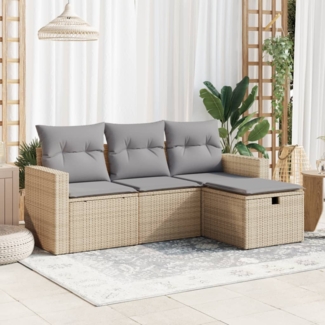 vidaXL 4-tlg. Garten-Sofagarnitur mit Kissen Beige Poly Rattan 3325355
