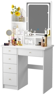 FUFU&GAGA Schminktisch mit LED und Hocker,5 Schubladen,3 offene Fächer, weiß 140cm