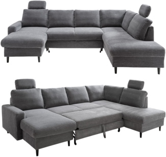 WOHNLANDSCHAFT mit Schlaffunktion Bettkasten Wellenunterfederung, 2 Kopfstützen, U-Form 305/200/88 cm, Cord Grau Anthrazit