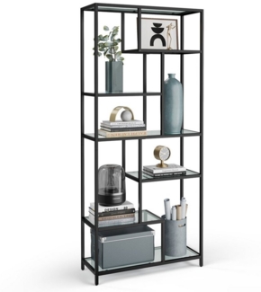 Vasagle Bücherregal, Regal mit 7 Ablagen, Standregal, Ablagen aus Hartglas, Schwarz, 180,8 x 30 x 80 cm