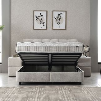 abc bedding Boxspringbett Boxspringbett Komfortbett LUCIA im stilvollen braun beige Stoffdesign (Bett mit Topper, 3-St, inkl. Matratze und Topper), Voll-orthopädisches Schlafsystem inklusive Bettkasten