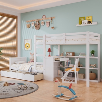 Etagenbett Kinderbett mit Schreibtisch, Leiter, Stauraum, MDF+Kiefer, Weiß, Hochbett 90x200cm
