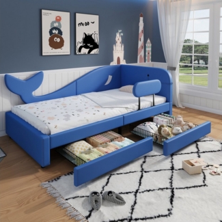 Flieks Polsterbett, Kinderbett Spleißbett Walförmiges Design 90x200cm mit 2 Schubladen