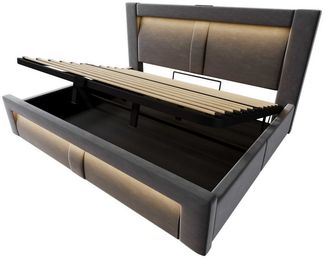 BlingBin Stauraumbett Einzelbett Doppelbett hydraulisches Bett (modern Polsterbett 180 × 200, 1-tlg, mit LED Licht, USB Schnelllade- & Typ-C-Anschluss), mit Lattenrost, stabiles Bettgestell aus Metall und Holz