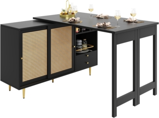 Sideboard B 107 x T 40 x H 71,4 cm, erweiterbar bis B 187 x T 40 x H 76 cm, 360° drehbar, Rattan-Türen, schwarz