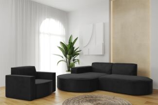 Sofa Set 2-teilig Sessel und Ecksofa PALMA XS Stoff Opera Schwarz Ottomane Links