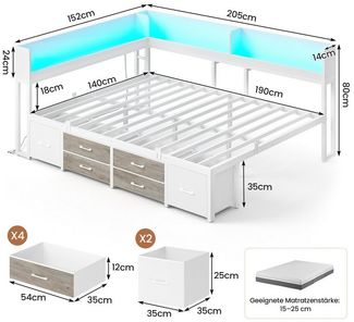 MSMASK Daybett Schlafsofa mit LED-Beleuchtung & Ladestation, Jugendbett Kinderbett, mit Integriertem Bücherregal & 6 Schubladen, 140x190 cm