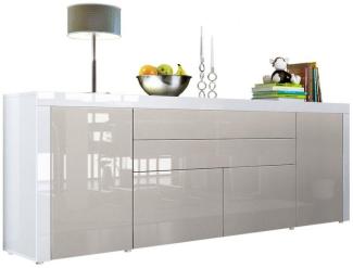 Vladon Sideboard La Paz V2, Kommode mit 2 Türen, 2 Schubkästen und 2 Klappen, Weiß Hochglanz/Sandgrau Hochglanz/Weiß Hochglanz (200 x 72 x 35 cm)