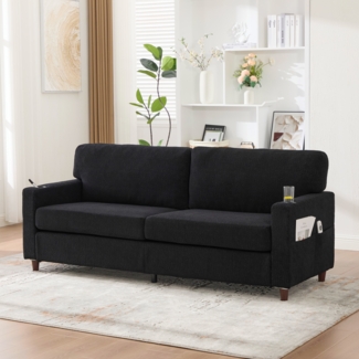 LVHOM 2-Sitzer Sofa mit USB&LED, Zweier Polstersofa Chenille Bezug, Loveseat mit Getränkehaltern, Doppelsofa Stoffsofa Loungesofa, Schwarz