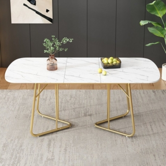 IDEASY Esstisch Erweiterbarer Esstisch Luxus-Design - 140-180x80 cm für 4-6 Personen (1 Tisch), Hochwertiges MDF-Material, 60kg Tragkraft, goldfarbene Metallbeine