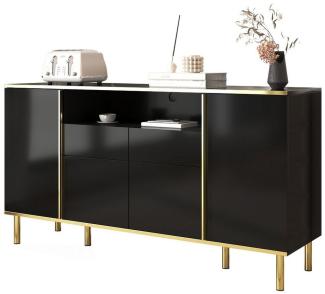 KLAM HOME Sideboard Hochglänzendes Kommode mit 2 Schubladen (aus Spanplatte), Schubladenschrank Küchenschrank Flurschrank 150x40x80cm Gold/Schwarz