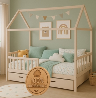 Alavya Home® Hausbett CLOUD aus 100% FSC®-zertifiziertem Buchenholz – Bestseller & beliebt! (SET Kinderbett 90x200, inkl. Matratze Schubladen Buchablage Rausfallschutz und Lattenrost), Hausbett 90x200 cm für Mädchen und Jungen aus Massiv Buchenholz