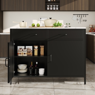 Stehtisch mit Marmoroptik, 2 Schubladen & verstellbaren Fächern, Aufbewahrungsschrank für Küche & Esszimmer