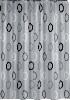 Ekershop Duschvorhang Textil Grau mit Weiß Schwarz Kreisen für Duschstange Breite 120 cm (inkl. Ringe), Höhe 200 cm, wasserabweisend, waschbar, bügelbar