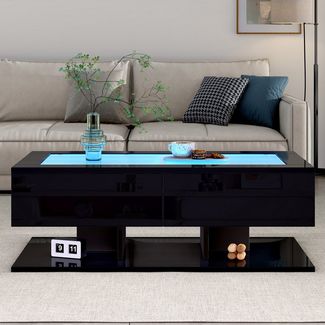 REDOM Couchtisch Hochglanz Beistelltisch mit Glasplatte (Wohnzimmertisch, Satztisch, 1-St, 2 Schubladen, 100*50*35cm), mit LED-Licht