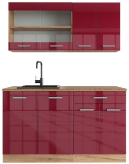 Vicco Küchenzeile R-Line, Bordeaux Hochglanz/Goldkraft Eiche, 140 cm, AP Eiche