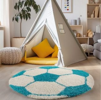 Carpettex Kinderteppich Fußball-Design, Rund, Höhe: 30 mm, Kinder Teppich Fußball-Form Kinderzimmer versch. farben und größen