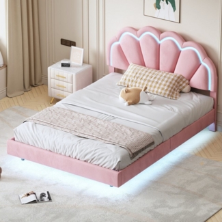 PXloue Polsterbett Kinderbett Jugendbett (Kopfteil hochstellbar), Doppelbett,Cloud-Kopfteil,mit LED-Beleuchtung und Lattenrost,140x200cm