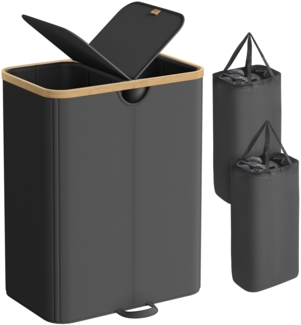 SONGMICS Wäschekorb 2 Fächer, Wäschesammler, 150 Liter, Wäschesortierer mit Deckel, Wäschetonne, Wäschesäcke herausnehmbar, für Waschküche, Schlafzimmer, Wohnzimmer, tintenschwarz-naturbeige