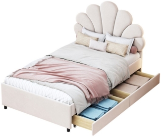 HAUSS SPOLE Polsterbett 90x200 cm mit geblümtem Kopfteil, 2 Ablagefächern, Samtstoff, Beige