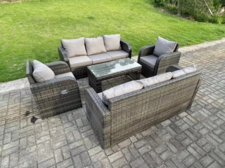 Fimous 8-Sitzer Dunkelgrau PE Wicker Rattan Gartenmöbel Set Liegestuhl Lounge 3-Sitzer Sofa Set Outdoor Rechteckiger Couchtisch