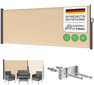 STEELSØN 'Zirella' Seitenmarkise mit Aluminium-Kassette, ausziehbar, 160x500 cm, beige/anthrazit, Windschutz, wetterfest und blickdicht