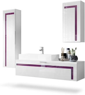 Badmöbel Komplettset Aloha, Korpus in Weiß matt / Fronten in Weiß Hochglanz mit Absetzungen in Brombeer Hochglanz, mit Aufsatzwaschbecken und Armatur (M1)