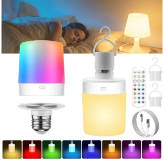 MUPOO Nachtlicht USB Aufladbare E27 Glühbirne Batterie, RGB Magnetische Nachtlicht, Timer, LED fest integriert, Dimmbar Leuchtmittel, Fernbedienung, Notlicht für Camping, Notfälle