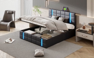 Furnishings Home Jugendbett Polsterbett Stauraumbett (Hydraulisch anhebbarer Bettstauraum), Mit LED-Beleuchtung, Ladefunktion, Kunstleder, 140x200 cm