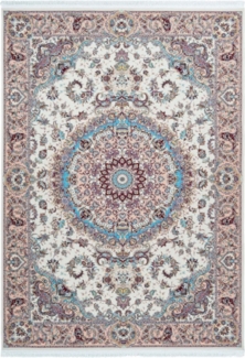 Casa Padrino Luxus Kunstfaser Teppich mit Fransen Elfenbeinfarben / Beige / Türkis - Verschiedene Größen - Rechteckiger Wohnzimmer Teppich im Orientalischen Stil
