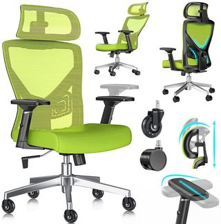 KESSER® Bürostuhl mit verstellbaren Armlehnen | Drehstuhl mit Lendenwirbelstütze Rückenschonend | Schreibtischstuhl ergonomisch mit Kopfstütze | Office Chair Wippfunktion bis 125° mit 5x Gummirollen Grün / Silber