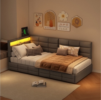 Gdood Polsterbett Doppelbett Daybett Tagesbett (Mit Steckdose & USB & TYPE-C, Hydraulisch hebbarer Stauraum, Geeignet für Jungen und Mädchen), Schlafsofa, Mit LED-Beleuchtung, Ladefunktion, Leinen, 90x200 cm