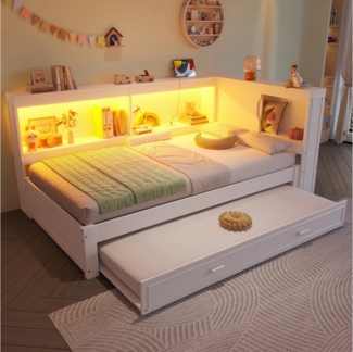 Ulife Daybett mit ausziehbarem Bett,LED-Leuchten, Steckdose, 90x200 cm,1 USB-Anschlüssen, 1 Typ-C ausgestattet,Weiß