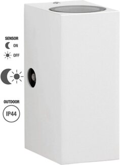 TRANGO LED Außen-Wandleuchte, Helligkeitssensor, 8013-SSWL LED UP & DOWN IP44 Außenwandleuchte aus Aluminium, Wandstrahler modern in ECKIG Weiß mit Dämmerungssensor (automatische Tag & Nacht-Schaltung) inkl. 2x5 Watt warmweiß GU10 LED Leuchtmittel, au...