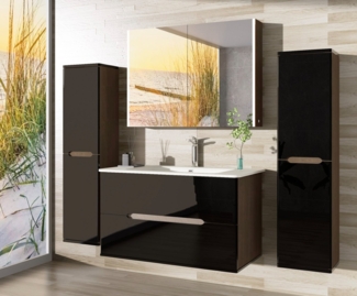 Homeline Badmöbel-Set Bad Möbelset Badezimmer Möbel Hochglanz 90 Eiche Weiß Spiegelschrank, (Spar Set, 3-St, Bis zum fünfteiliges Set), Hochglanz Spiegelschrank mit LED Beleuchtung keramik, Waschbecken