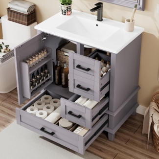 Merax Waschtisch, Badezimmerschrank mit Waschbeck, mit 3 Schublade, Grau