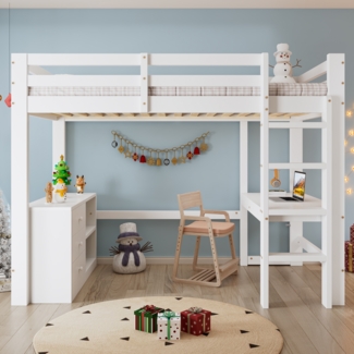Bett 90x200 cm Hochbett mit Schreibtisch und Schubladenschrank – weißes Kinderhochbett mit Stauraum