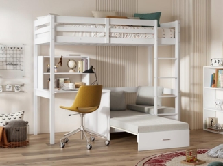 Vente-unique - Hochbett mit Schreibtisch, Schlafsofa & Stauraum + Matratze - 90 x 200 cm - massives Kiefernholz - Weiß - GOLIATH III