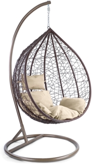 Luxus Hängesessel Miami XXL Polyrattan mit Korb braun Gestell braun Kissen beige