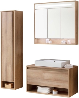 Fackelmann NATURA Badmöbel Set 4-teilig, 94 cm, Braun hell + Spiegelschrank + Hochschrank links