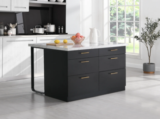 Vente-unique - Kücheninsel mit 6 Schubladen aus MDF & Metall - Schwarz & Marmor-Optik weiß - ALEGRITA