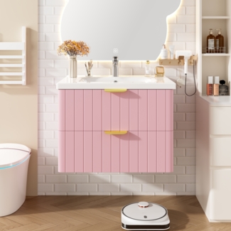 Hängender Waschtisch mit Keramikbecken, rosa/weiß, 2 Schranktüren, 60,5x47,5x47 cm