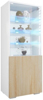 Vladon Standvitrine Granada (Vitrinenschrank, mit Glastür und Glaseinsatz inkl. LED) Weiß matt/Eiche sägerau (50 x 122,5 x 34,5 cm)