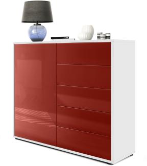 Vladon Sideboard Ben V2, Kommode mit 1 Tür und 5 Schubladen, Weiß matt/Bordeaux Hochglanz (79 x 74 x 36 cm)